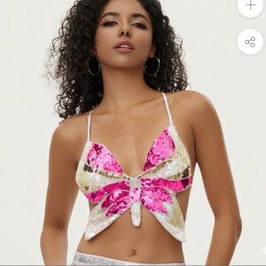 KOLLY Sequin Butterfly Cross Tie Bralette Pink, Gold - Coachella Festival Y2K